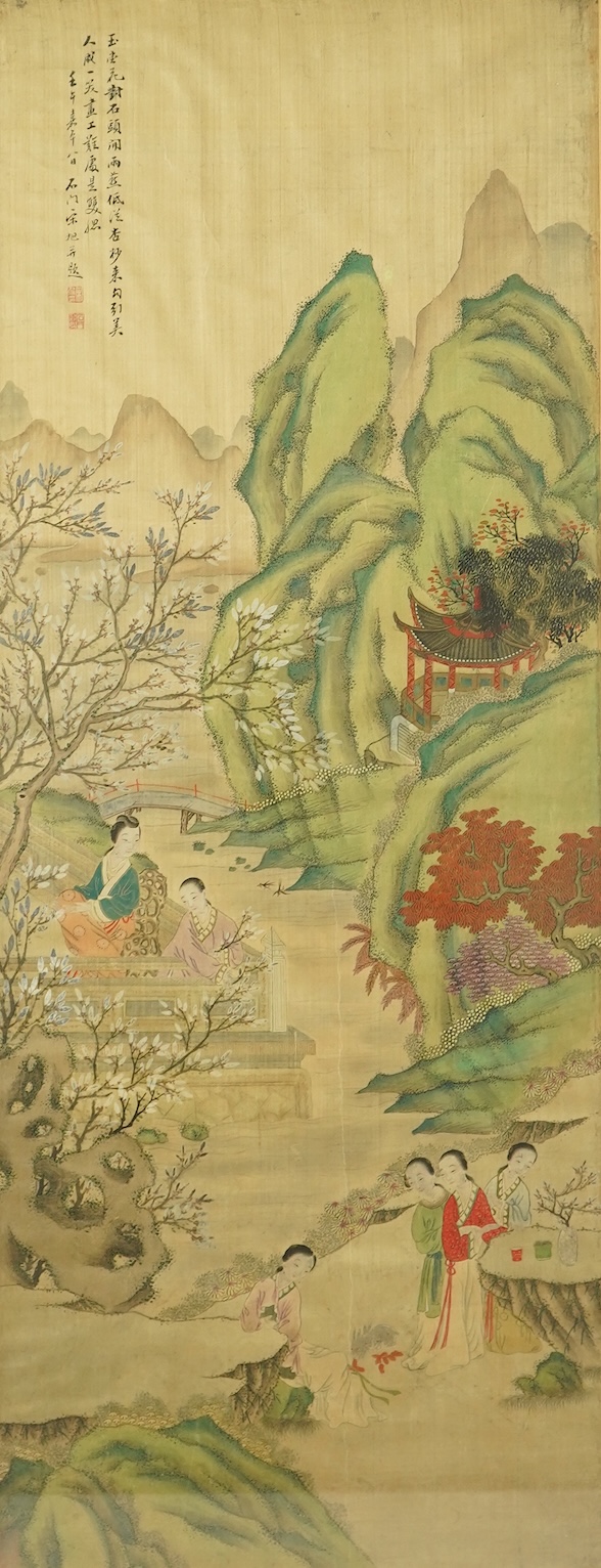 Chinese School , (late 19th century), Ladies in a garden, Ink and colour on silk, 107cm x 41cm, excluding brocade border